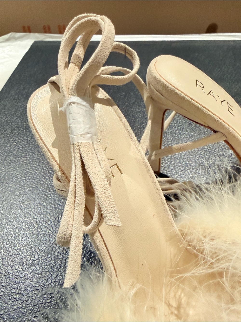 RAYE nude Suede Ankle-Tie Feather Pom High Heel Sandal NWT - Picture 6 of 6